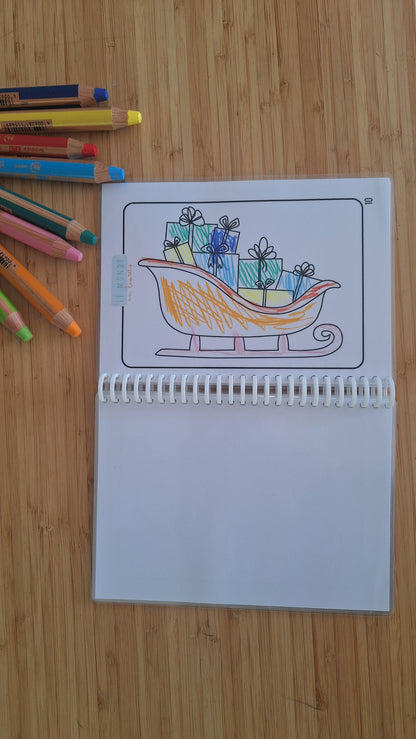 Image du dessin d'un traineau de pere noel colorie avec des crayons woody stabilo 