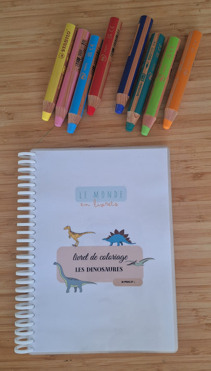 Image du livret de coloriage sur le theme des dinosaures, cahier de dessin avec 8 crayons woody au choix