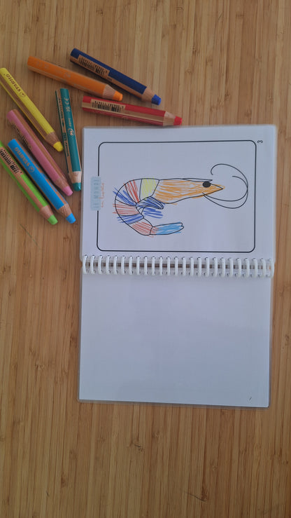 Image du livret de dessin sur le thème des fonds marins ainsi que les crayons woody stabilo