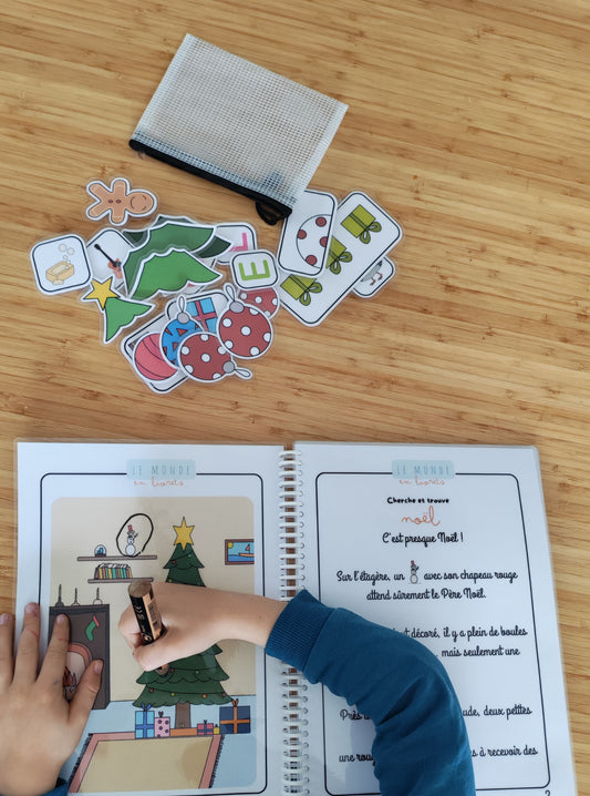 Image du livret d'activite sur le theme de noel avec les vignettes la pochette et le crayon woody noir offert