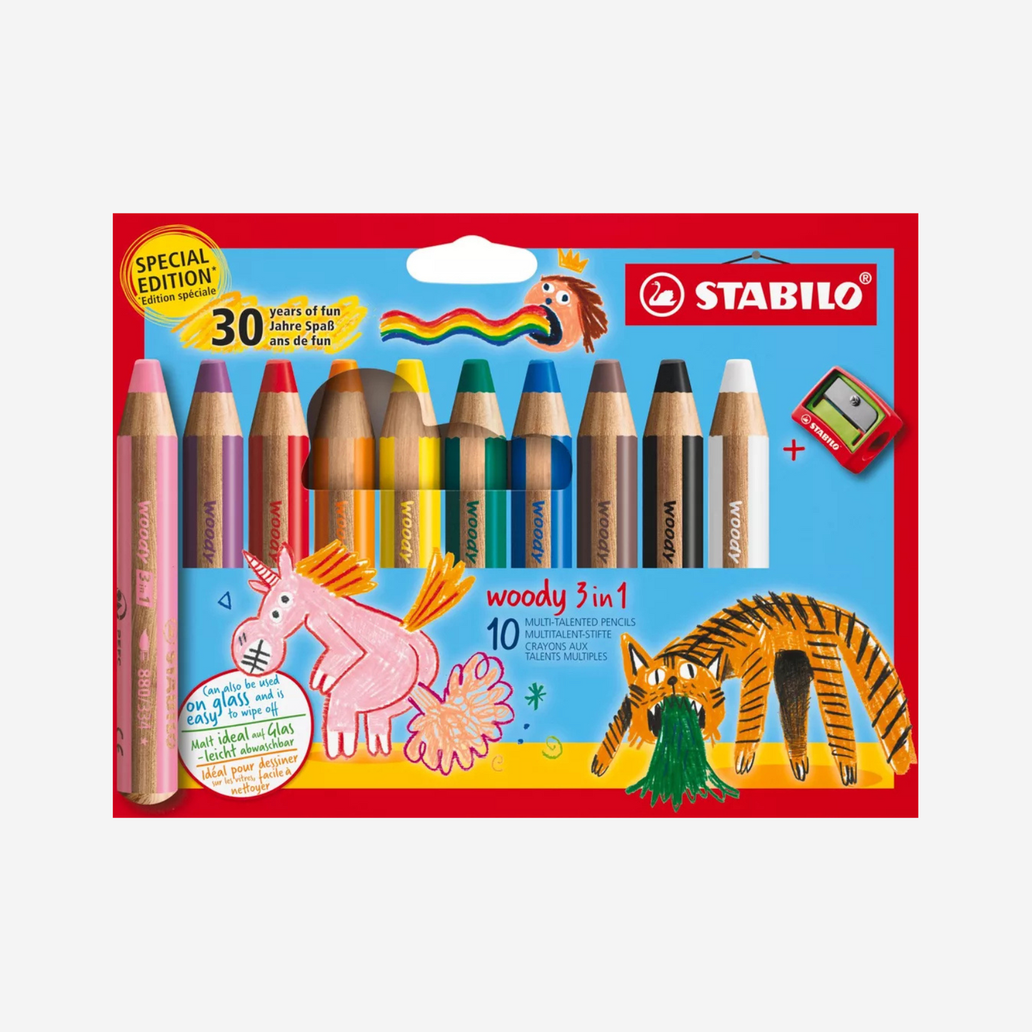 Image du pack crayon woody 30 ans de fun avec couleur rose, violet, rouge, orange, jaune, vert fonce, bleu fonce, marron, noir et blanc avec un taille crayon vendu sur la boutique Le Monde en Livrets