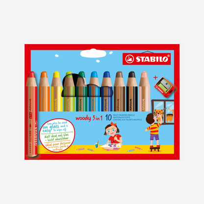 Image du pack original de 10 crayon woody de couleur rouge, orange, jaune, vert clair, vert foncé, bleu clair, bleu foncé, marron, noir, rose vendu par le monde en livrets