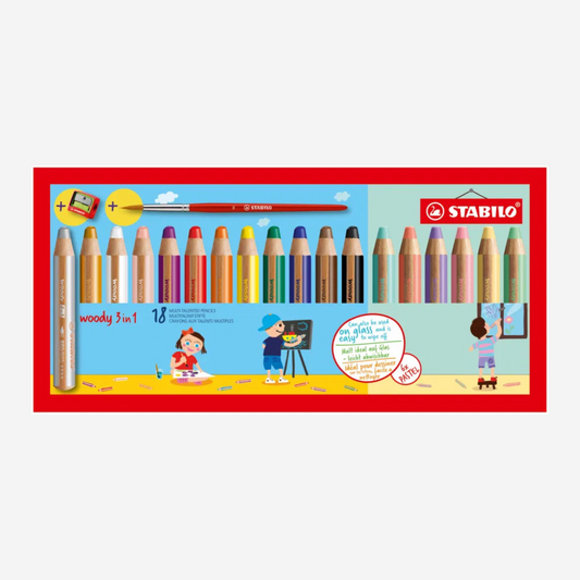 Image du pack de 18 crayons woody stabilo dont 6 pastels  avec un pinceau et un taille crayon - argent - or - blanc - rose - violet - rouge - orange - jaune - vert - bleu - marron - noir - vert pastel - rouge pastel - violet pastel - rose pastel - jaune pastel - vert pastel dans la boutique Le Monde en Livrets