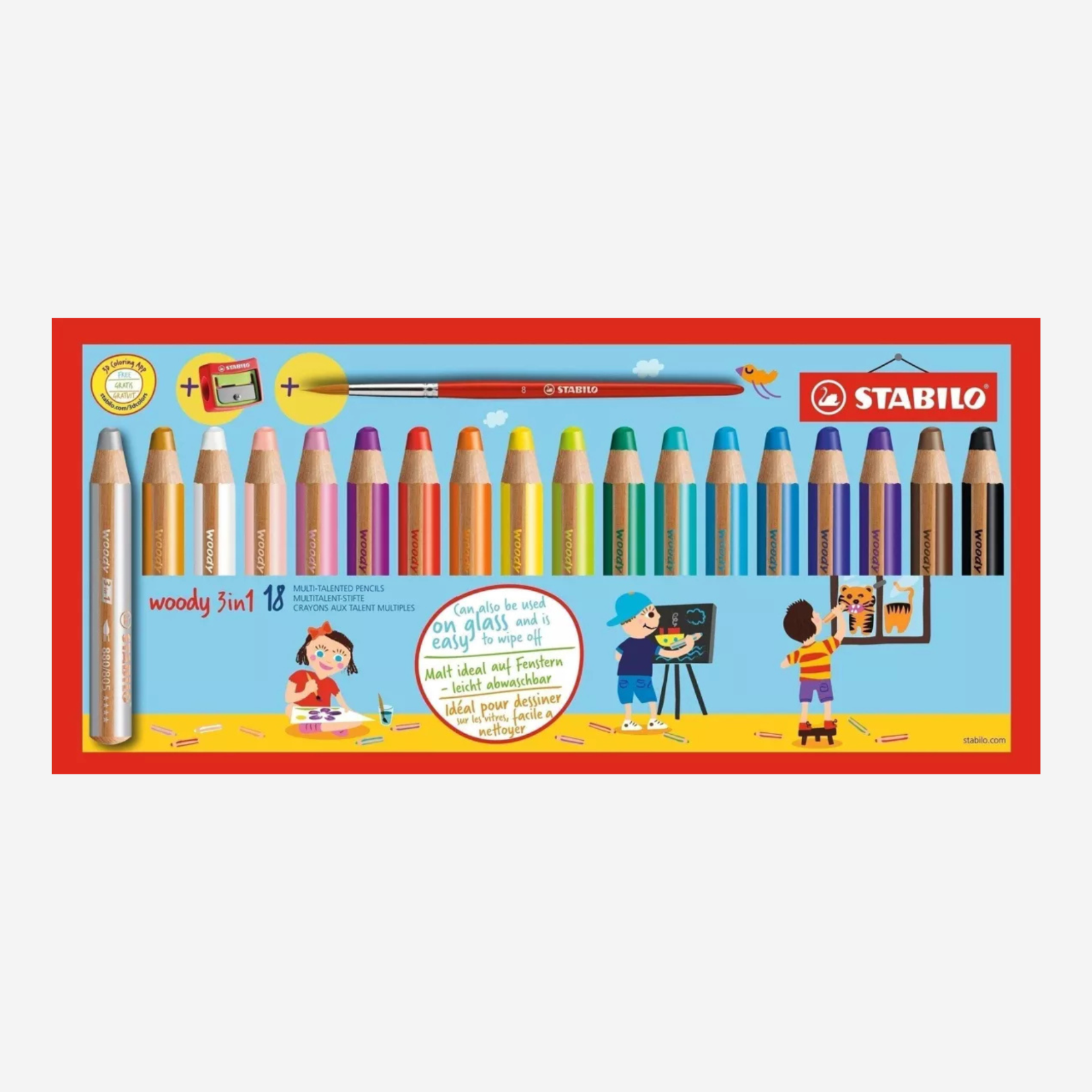 Image du pack crayon woody 18 crayons original avec un pinceau et un taille crayon couleur argent, or, blanc, rose clair, rose foncé, violet, rouge, orange, jaune, vert fonce, vert clair, bleu clair, bleu fonce, violet, marron et noir dans la boutique Le Monde en Livrets