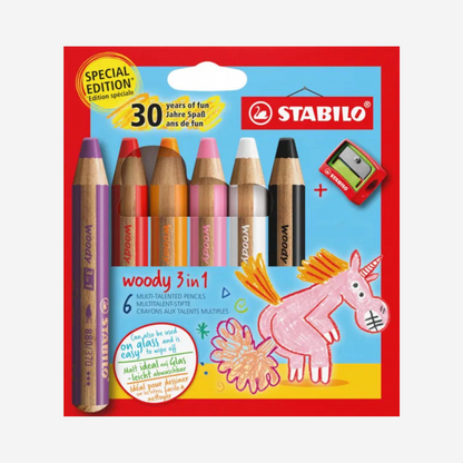 Image du pack licorne woody stabilo violet, rouge, orange, rose, blanc et noir  6 crayons vendu par la boutique Le Monde en Livrets