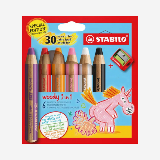 Image du pack licorne woody stabilo violet, rouge, orange, rose, blanc et noir  6 crayons vendu par la boutique Le Monde en Livrets