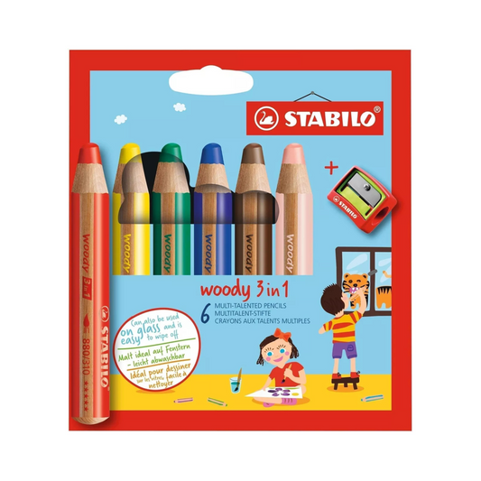 Image du pack crayon woody stabilo rouge, jaune, vert, bleu, marron, rose avec taille vendu par la boutique Le Monde en Livrets