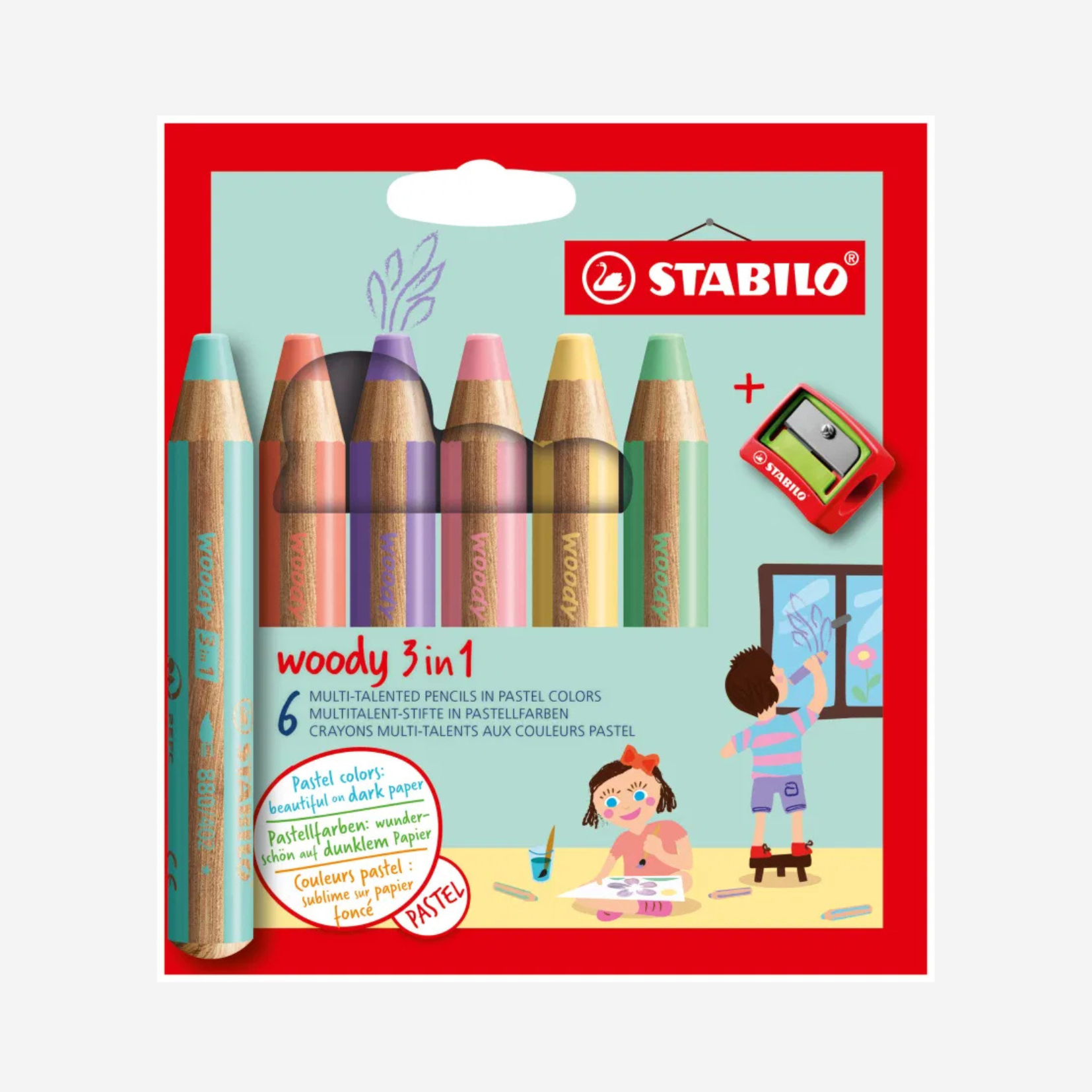 Image du crayon woody 6 crayons stabilo pastel, bleu, rouge, rose, violet, jaune et vert le monde en livrets