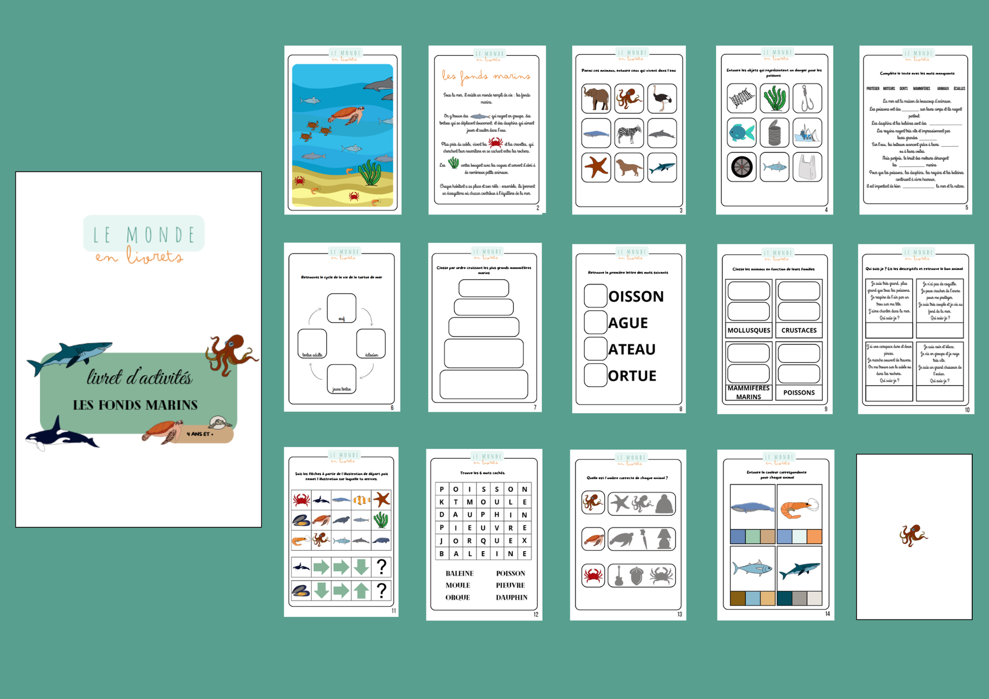 Image du livret d'activités sur le thème des fonds marins crée par le Monde en Livrets