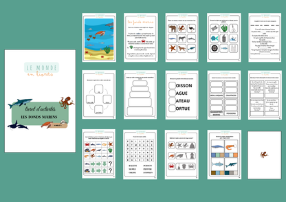 Image du livret d'activités sur le thème des fonds marins crée par le Monde en Livrets