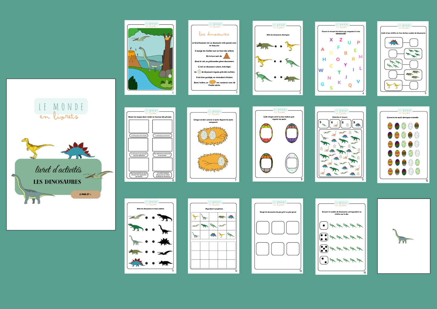 Image du livret d'activité, cahier d'activité sur le thème des dinosaures fabriqué par le Monde en Livrets
