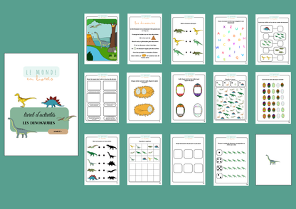 Image du livret d'activité, cahier d'activité sur le thème des dinosaures fabriqué par le Monde en Livrets